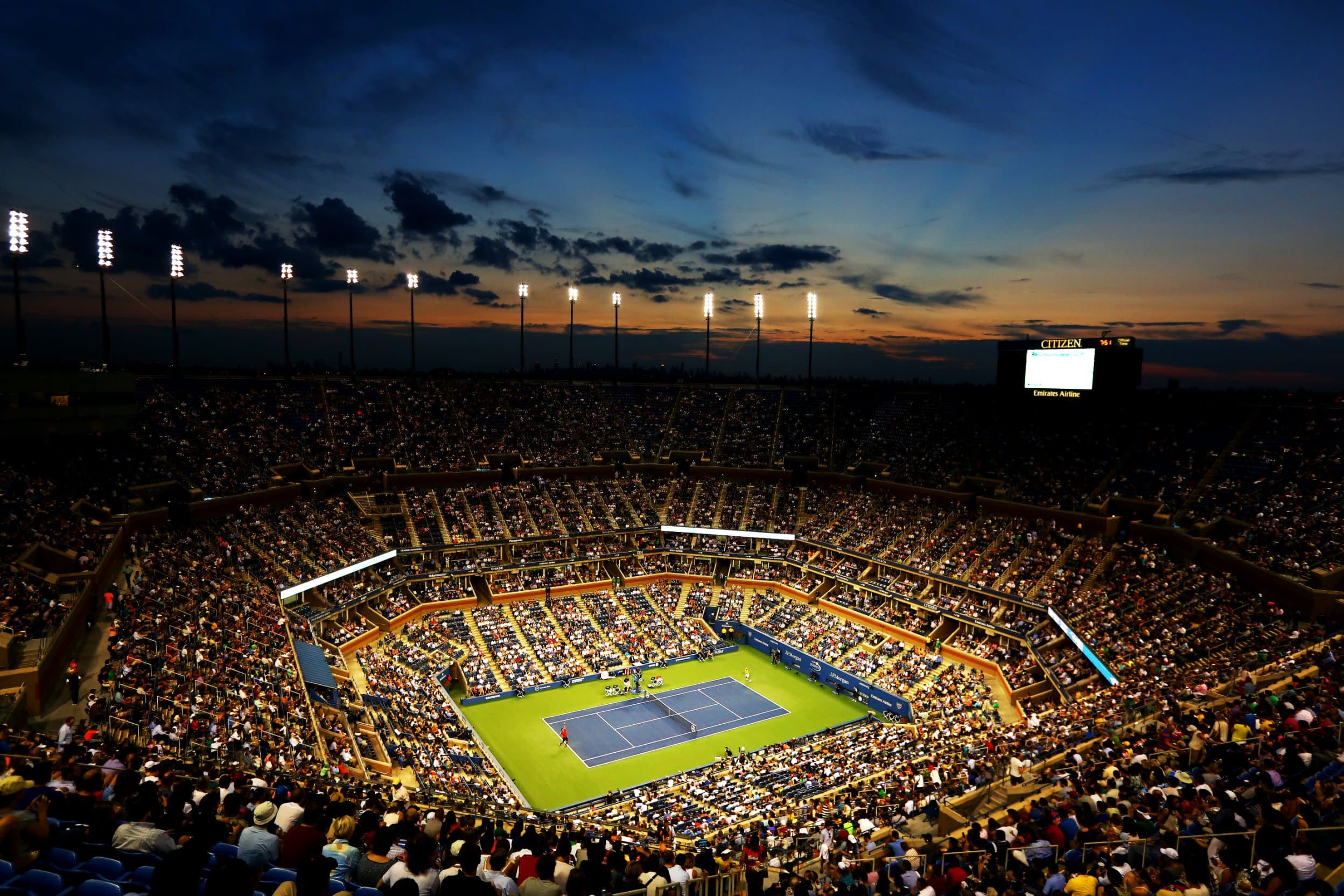 Night tennis under floodlights at the US Open, Flushing Meadows