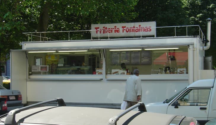 A Belgian fritkot street frites stall in Brussels
