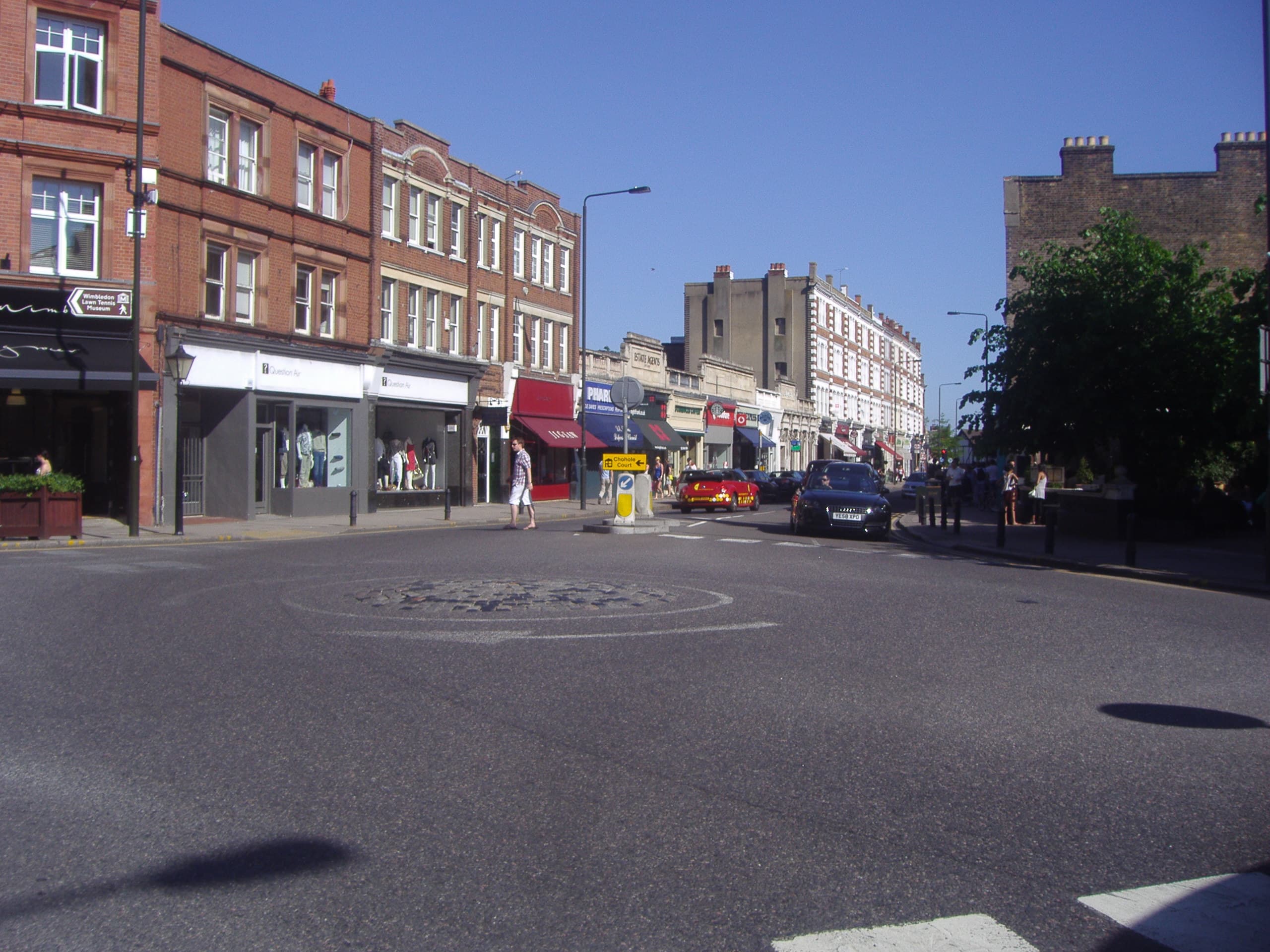 Wimbledon High Street on a summer afternoon, the village shopping street near the All England Club