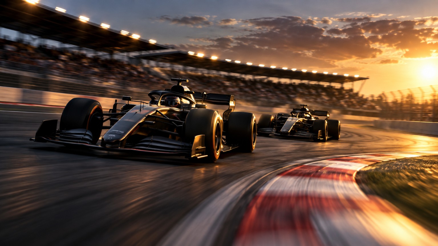 Two Formula 1 cars racing at sunset
