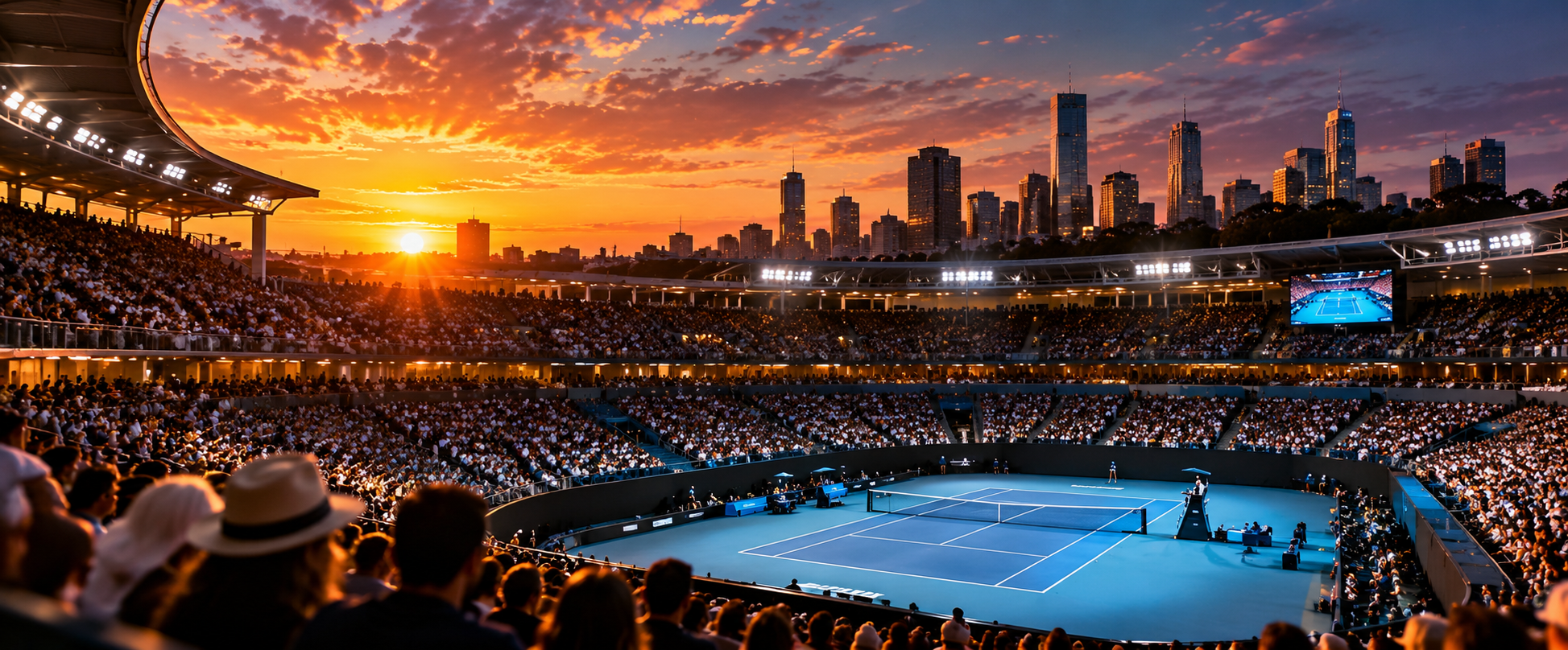 A tennis player serving on a Grand Slam show court